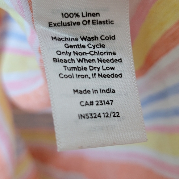 Talbots 100% Linen Palm Stripe Top Sz L Smocked Square Neck Short Sleeve Preppy - Picture 7 of 7